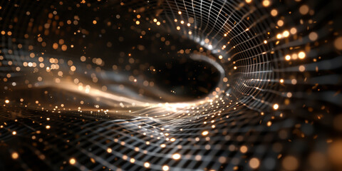 Futuristic shape tunnel grid and particles with depth of field and bokeh. - 740273892