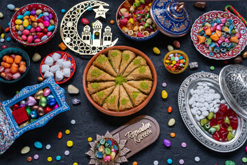 Colorful Eid Mubarak Candy and Chocolate, Ramadan Kareem Concept Photo, Uskudar Istanbul, Turkiye...