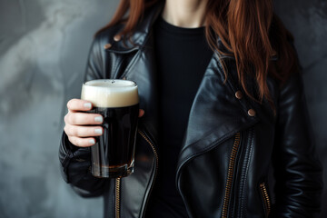 Close-up of Woman Holding Dark Beer - obrazy, fototapety, plakaty