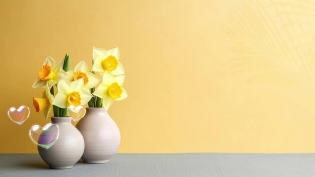 Hello Spring text animation with daffodil flower decorations background. Generative AI