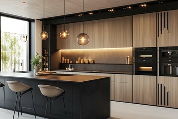 This contemporary kitchen doesn't shy away from technology. Smart appliances, integrated sound systems, and automated lighting can all be controlled with the touch of a button. - obrazy, fototapety, plakaty