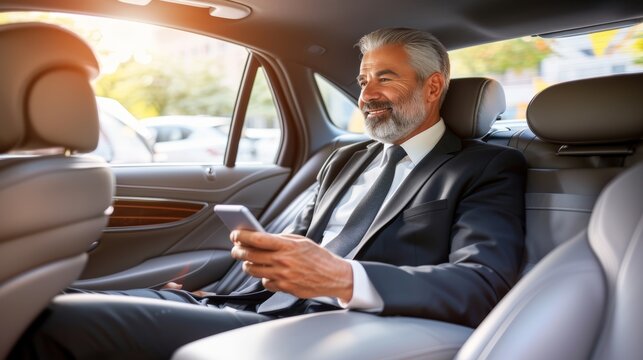 Businessman texting client in luxury car, executive using smartphone in back seat. - Powered by Adobe