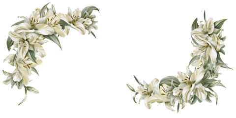 Watercolor corner frame of white lily flowers with leaves. For postcards, invitations, flyers, websites, flower stores, labels, packaging, wrapping paper.