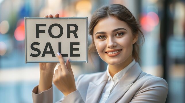 Confident real estate agent holding  for sale  sign in front of house, smiling in light suit.