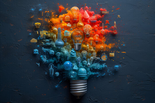 A thought bubble containing a variety of symbols from different disciplines, showcasing the interdisciplinary nature of modern ideas. Concept of interdisciplinary ideation. Generative Ai.