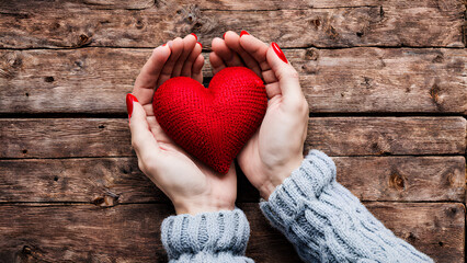 Red knitted heart in female hands as a winter charity concept