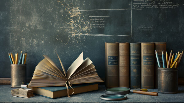 open book in the foreground on a wooden desk with a pot of colored pencils to the right, and stacks of books to the left, against the background of a chalkboard filled with writing.