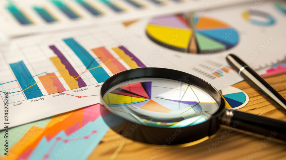 Poster magnifying glass over various types of colorful business charts and graphs on paper, suggesting data
