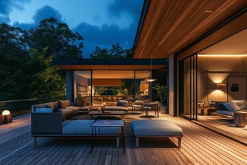 Wooden deck / balcony at night with furniture and open doors lea
