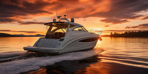 A luxury boat speeds across calm waters under a dramatic sunset sky, reflecting a perfect blend of...