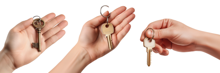 Hand holding house keys close-up on a white or transparent background. Concept of buying or selling real estate. Design element, clipart, side view.