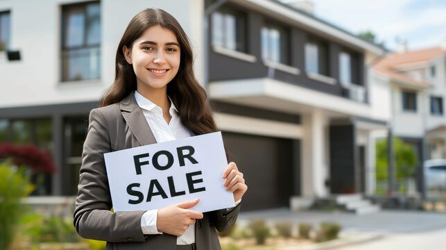 Confident female real estate agent holding  for sale  sign against house background