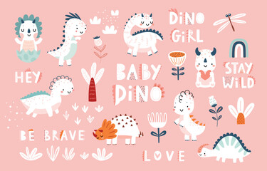 Cute Dino set with trees, plants, and other elements for your design, childish hand drawn dinosaur elements. Nursery