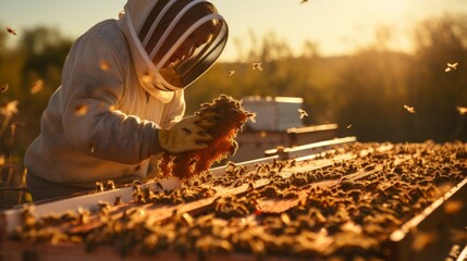 Beekeeper in Bee Suit Harvesting Honey From Beehive