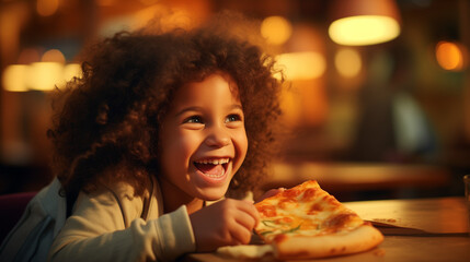 A happy little girl is enjoying dining out in  pizzeria. - obrazy, fototapety, plakaty