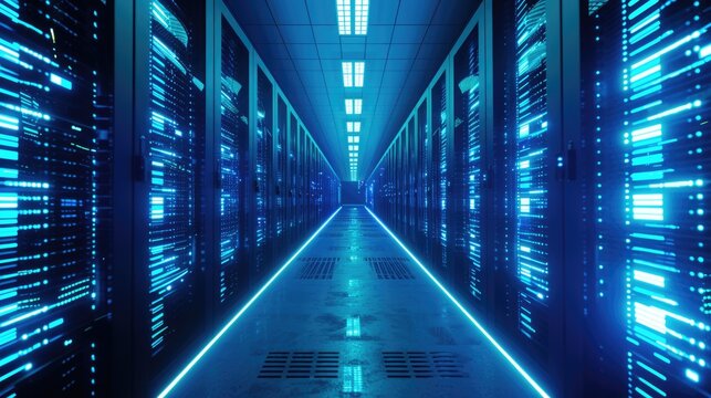 A parallel row of servers, adorned in electric blue, fills a technology-driven data center hallway with a symmetrical display of power and Azure technology. AIG41