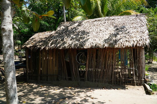 Indian hut made from dried palm leaves and natural materials. Tapajos Arapiuns indigenous territory, state of Para, Brazil.