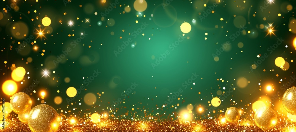 Poster gold bokeh on defocused emerald green background abstract blur bokeh banner background