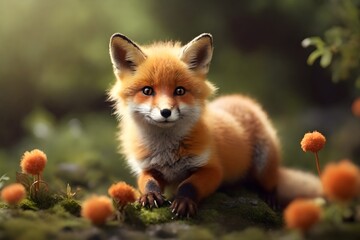Obraz premium Wild male red fox sitting in the flowery meadow in summer 