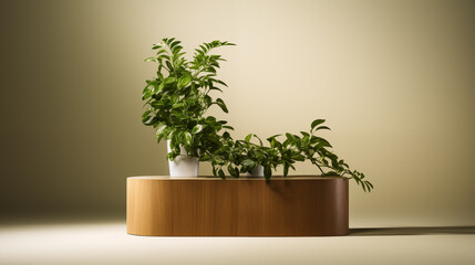 Plant in a Pot on the Table or on a wooden pedestal podium. Interior Decoration Indoor Plant.