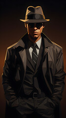 Illustrated gangster, illustration of a mafia boss, cool gangster with suit and haz
