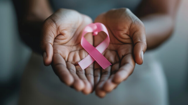 pair of hands holding a pink ribbon, which is a recognized symbol for breast cancer awareness.