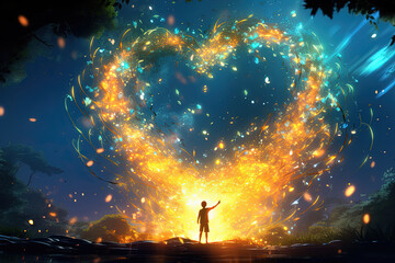 Boy is standing in front of a heart shaped firework, illuminating the sky with bright colors during a celebration or event