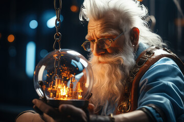 Elderly man cradles crystal ball gently in his weathered hands, gazing earnestly at its reflections and seeking insights into the future - obrazy, fototapety, plakaty