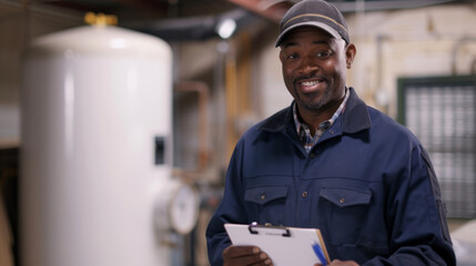 smiling man wearing a baseball cap and a blue plaid shirt over a blue work uniform, holding a clipboard in an industrial or maintenance setting, possibly a technician or a worker.