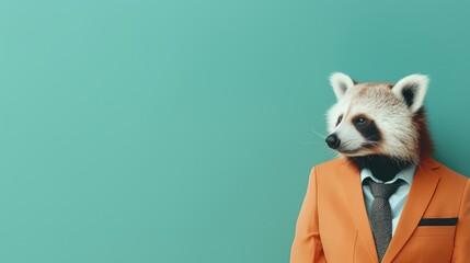 Panda in formal attire, anthropomorphic concept in corporate office with copy space on plain wall.