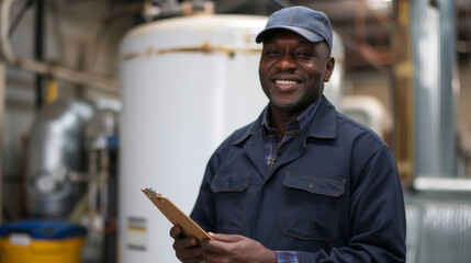 smiling man wearing a baseball cap and a blue plaid shirt over a blue work uniform, holding a clipboard in an industrial or maintenance setting, possibly a technician or a worker.