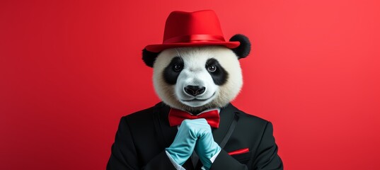 Panda in business suit, corporate workplace, studio shot on plain wall with copy space for text.