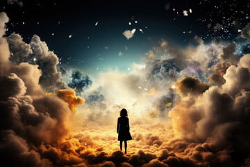 Little girl standing alone in the middle of a sky filled with fluffy clouds