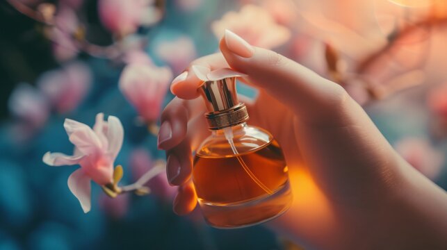 Main d'une femme avec un flacon de parfum dans une ambiance de printemps &raquo; IA g&eacute;n&eacute;rative