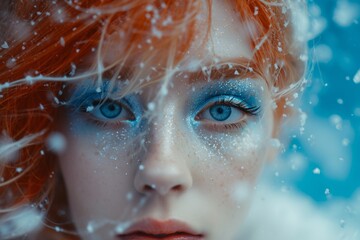 Visage d'une rousse avec du maquillage bleu scintillant sous la neige » IA générative