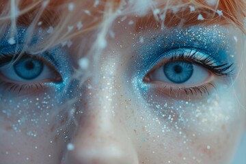Gros plan sur le visage d'une rousse avec du maquillage bleu scintillant » IA générative