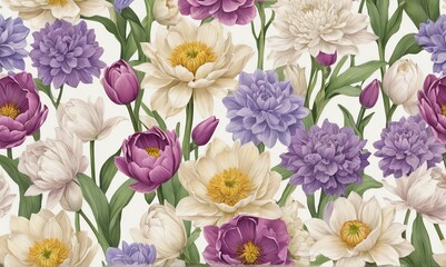 Naklejka na ściany i meble Collage style illustration of tulips, lilac and lavender. Beautiful flower collage on white background. background. Spring flower.