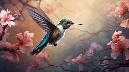 Nature's painterly scene unfolds as the hummingbird flits towards the waiting blossom.