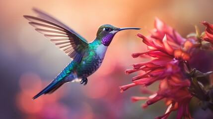 Obraz premium Picture the dynamic energy of hummingbirds as they flit and hover around resplendent flowers, their iridescent plumage catching the light in the pristine wilderness of Savegre, Costa Rica.
