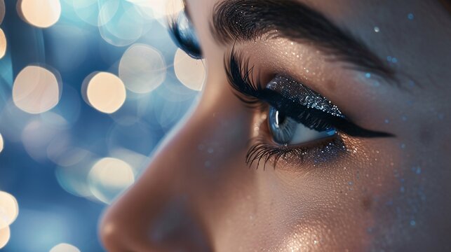 Vue de profil d'un oeil bleu avec du eyeliner et du maquillage classe &raquo; IA g&eacute;n&eacute;rative