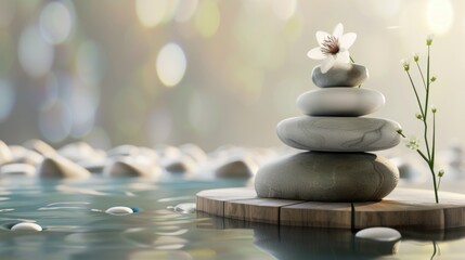 A stack of stones with a flower on top of them. Tranquil zen background with calm water and stone yramide