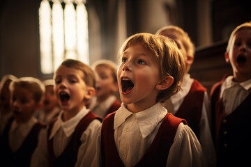 Adorable group of caucasian children signing during a choir activity in the church enjoying music - obrazy, fototapety, plakaty
