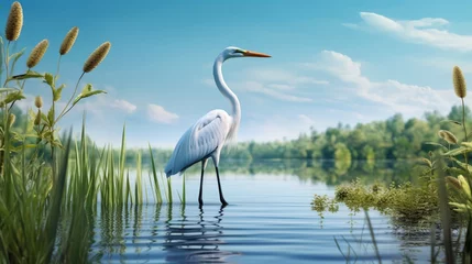 Gardinen Serene white egret standing tall against a backdrop of a tranquil lake. © zahra