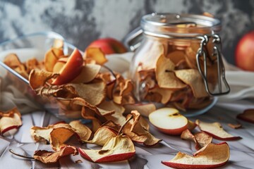 A glass jar filled with apple chips next to a pile of apples.