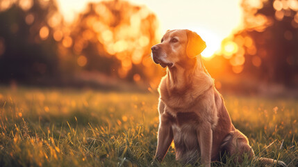 golden retriever in a summer field, in the style of sun rays shining on it, light and amber - obrazy, fototapety, plakaty