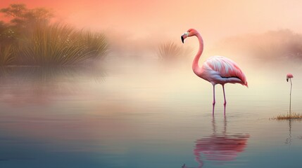 Soft pastel tones envelop the scene as a solitary flamingo captures attention.