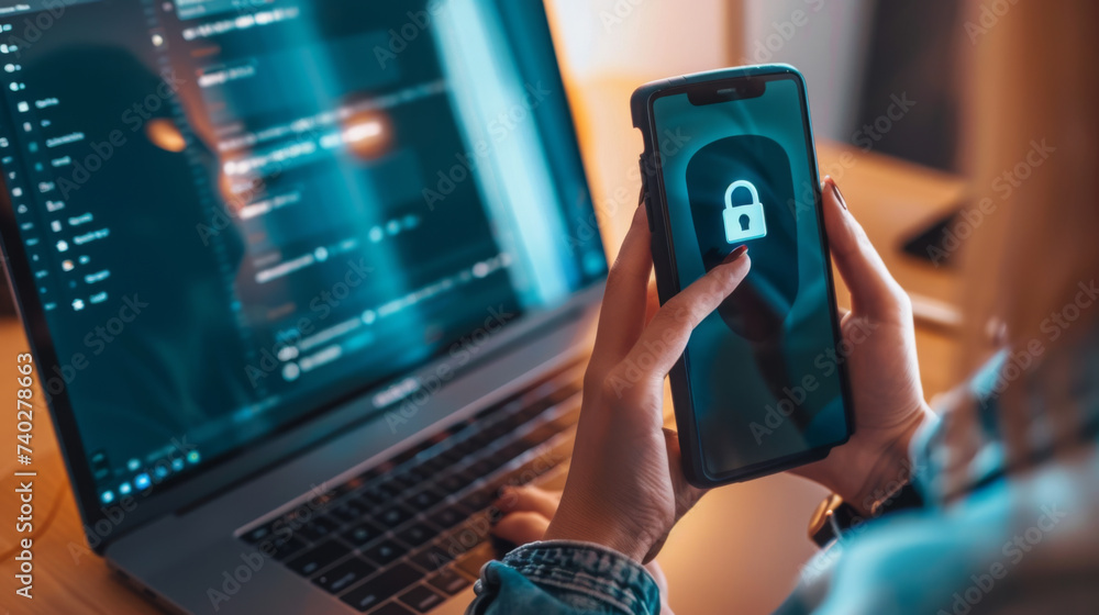 Poster a person's hand is interacting with a smartphone displaying a cybersecurity lock graphic, with a lap