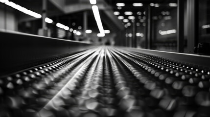monochromatic, selective focus shot of a conveyor belt with a multitude of glass bottles in a production line setting