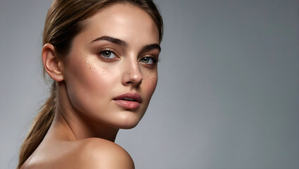 Naklejka premium Close up portrait of a beautiful woman with glowing face. Beauty product commercial photo, glamorous portrait, Generative AI