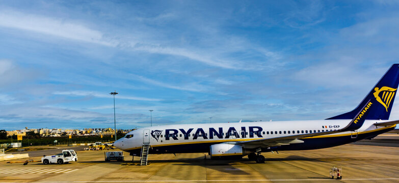A Ryanair plane on the tarmac in Faro Airport, Portugal.